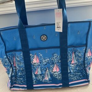 Tory Burch Blue Canvas Sailboat Tote with Pink Accents